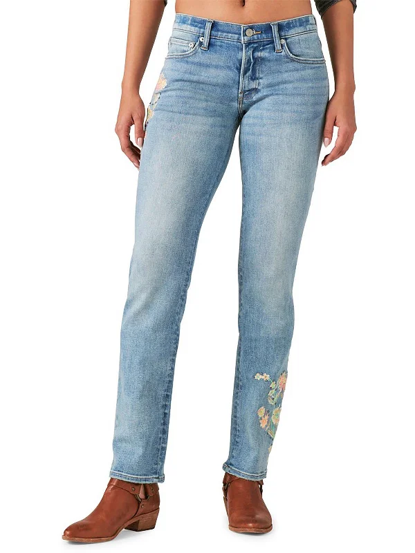 Women's Athleisure Apparel Womens Floral Embroidered Straight Leg Jeans