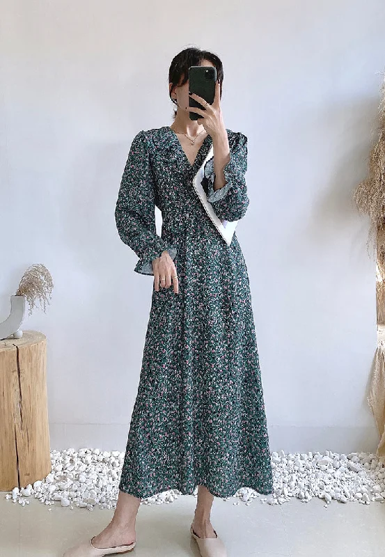 Workwear Fashion for Women V-neck waist closing thin lotus leaf sleeve Floral Chiffon gentle wind dress 3912 Workwear Fashion for Women V-neck waist closing thin lotus leaf sleeve Floral Chiffon gentle wind dress 3912