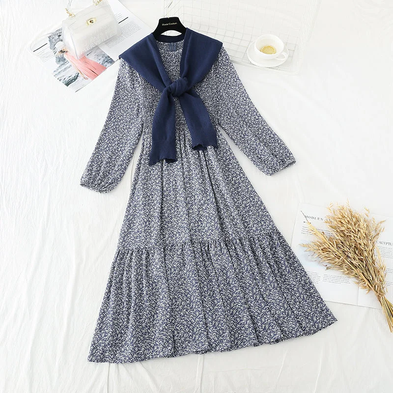 Chic Casual Wardrobe Essentials Long large skirt stitched small fresh floral dress with shawl 3880 Chic Casual Wardrobe Essentials Long large skirt stitched small fresh floral dress with shawl 3880