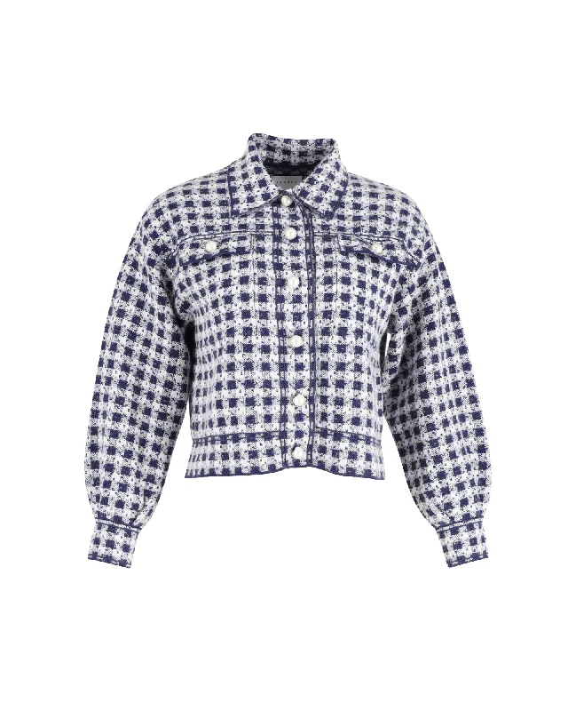 Women's Street Style Casual Wear Sandro Jayce Checked Tweed Cropped Jacket in Blue and White Cotton Women's Street Style Casual Wear Sandro Jayce Checked Tweed Cropped Jacket in Blue and White Cotton