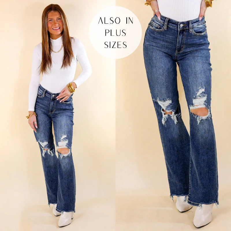 Women's Romantic Outfit Last Chance Size 0 | Judy Blue | Afternoon Date 90's Knee Destroy Straight Leg Jeans in Dark Wash Women's Romantic Outfit Last Chance Size 0 | Judy Blue | Afternoon Date 90's Knee Destroy Straight Leg Jeans in Dark Wash