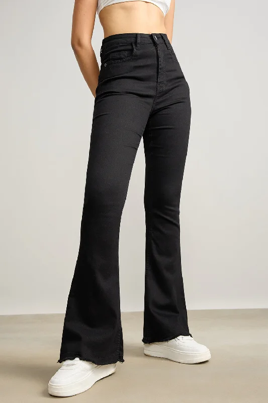 Women's Elegant Evening Outfit High Waisted Slim Black Bootcut Jeans