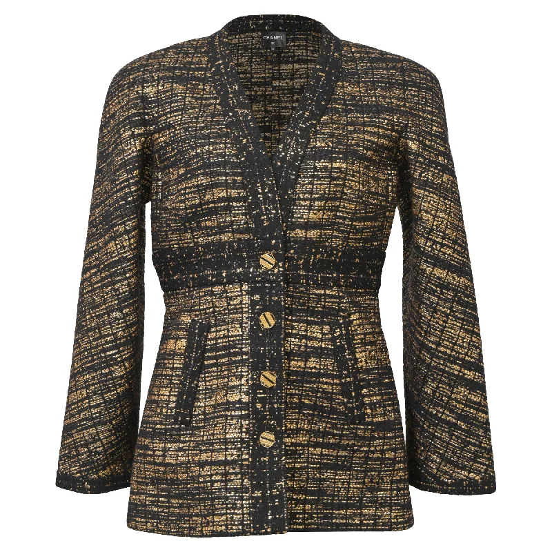 Women's Sporty Chic Clothes Chanel 2019 Tweed Pattern Evening Jacket in Black and Gold Wool Women's Sporty Chic Clothes Chanel 2019 Tweed Pattern Evening Jacket in Black and Gold Wool