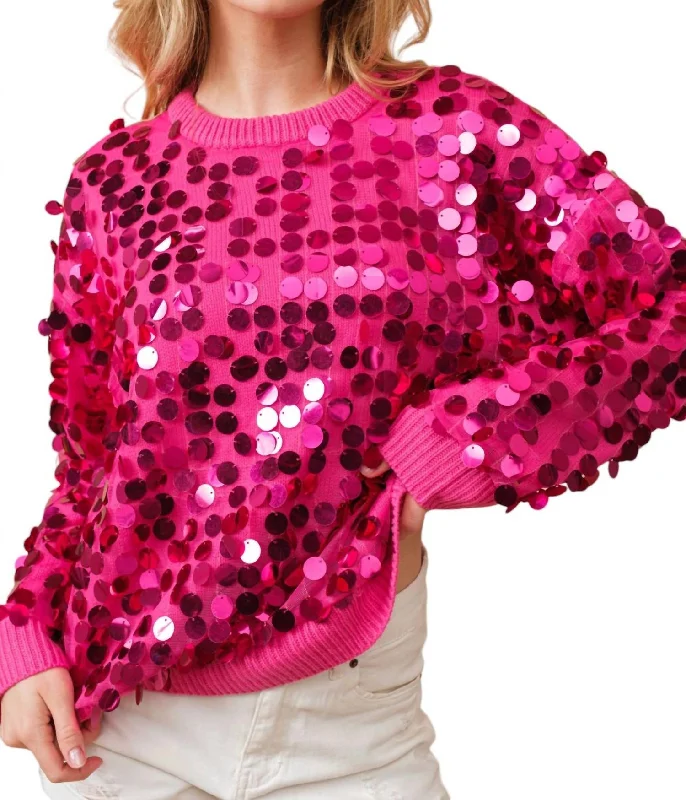 Chic Casual Wardrobe Essentials Payette Sequin Crew Neck Sweatshirt In Hot Pink