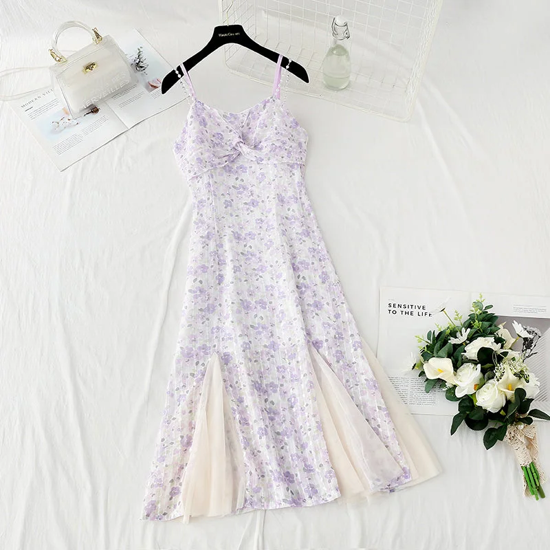Holiday Special Offers Design sense niche purple fishtail skirt Chiffon floral suspender dress 4124 Holiday Special Offers Design sense niche purple fishtail skirt Chiffon floral suspender dress 4124