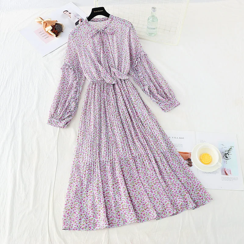 Relaxed Fit Women's Fashion Bow tie Floral Chiffon slim dress  3886