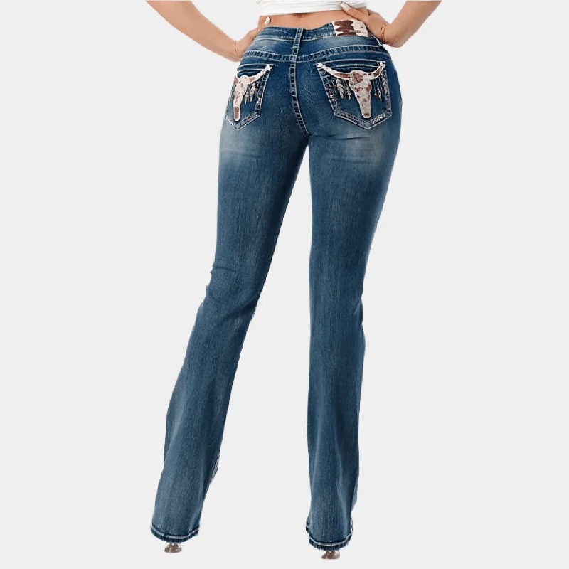 Women's Clothes And Garments Grace In La Cowhide Stitching Easy Fit Bootcut Jeans