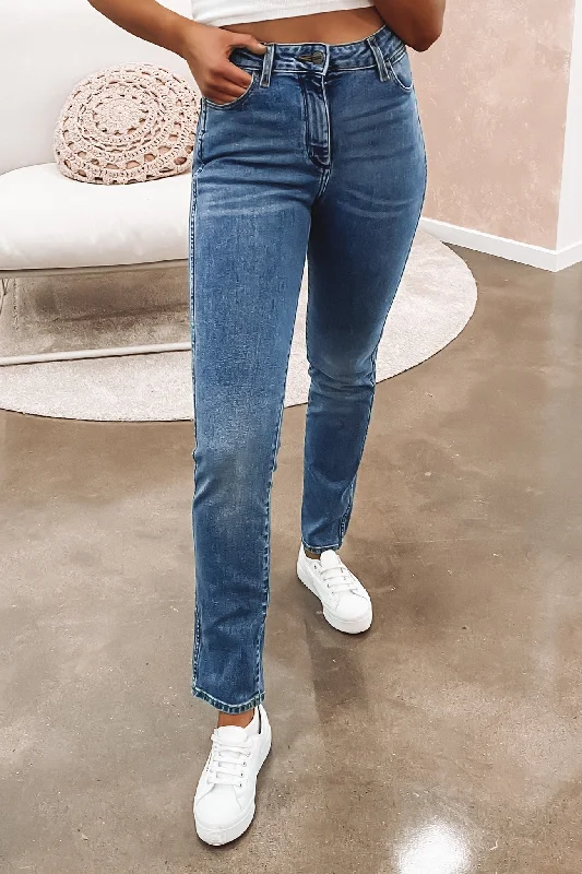 Women's Trendy Clothes Classics Mid Waist Straight Jean Mid Stone Indigo