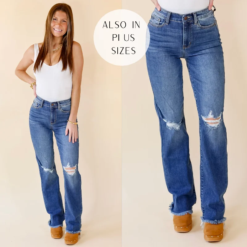 Women's Transitional Attire Last Chance Size 0, 1, 3, 15, & 14W-24W | Judy Blue | After Party Hours Destroy Knee Bootcut Jeans in Medium Wash Women's Transitional Attire Last Chance Size 0, 1, 3, 15, & 14W-24W | Judy Blue | After Party Hours Destroy Knee Bootcut Jeans in Medium Wash