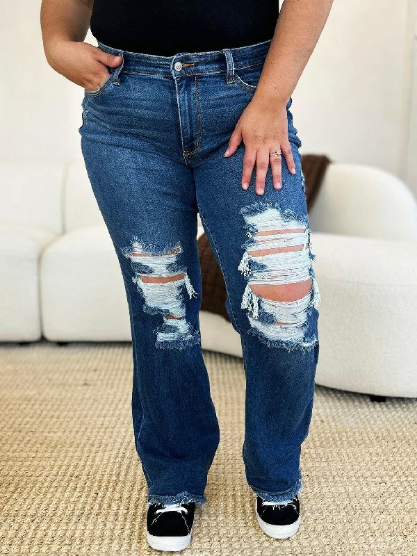 Exclusive Online Sale Judy Blue Full Size Mid Rise Distressed Raw Hem Dad Jeans