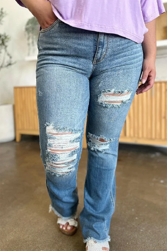 Women's Activewear Attire Judy Blue Full Size Distressed Raw Hem Bootcut Jeans