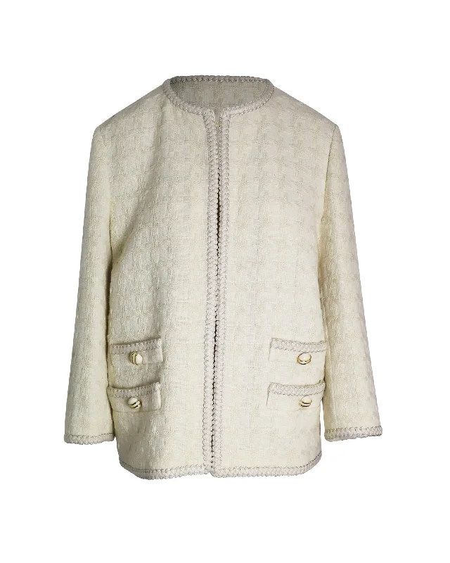 Chic Casual Wardrobe Essentials Gucci Houndstooth Open-Front Jacket in Cream Wool Tweed Chic Casual Wardrobe Essentials Gucci Houndstooth Open-Front Jacket in Cream Wool Tweed