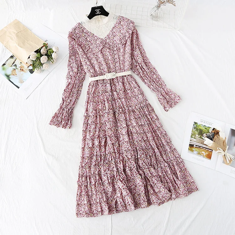 Versatile Women's Clothing for All Occasions Floral Chiffon Dress Lace Collar fake two-piece bottom skirt 4006 Versatile Women's Clothing for All Occasions Floral Chiffon Dress Lace Collar fake two-piece bottom skirt 4006