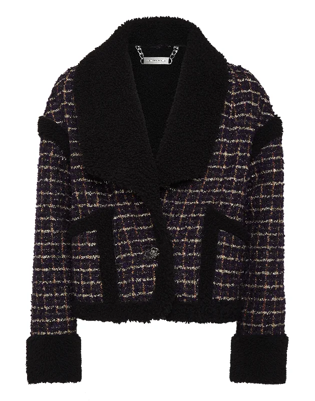 Clothing Sales Tweed and Shearling Mix Coat Loose Fit Tartan
