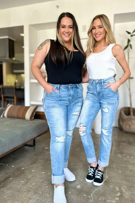 Casual Attire For Women Judy Blue Full Size Distressed Straight Jeans with Patch Pockets Casual Attire For Women Judy Blue Full Size Distressed Straight Jeans with Patch Pockets