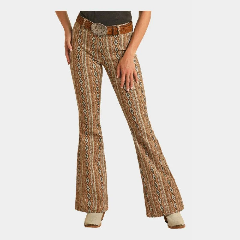 Stylish Outerwear Clothes For Women Rock and Roll Denim Brown Aztec Flare Jean
