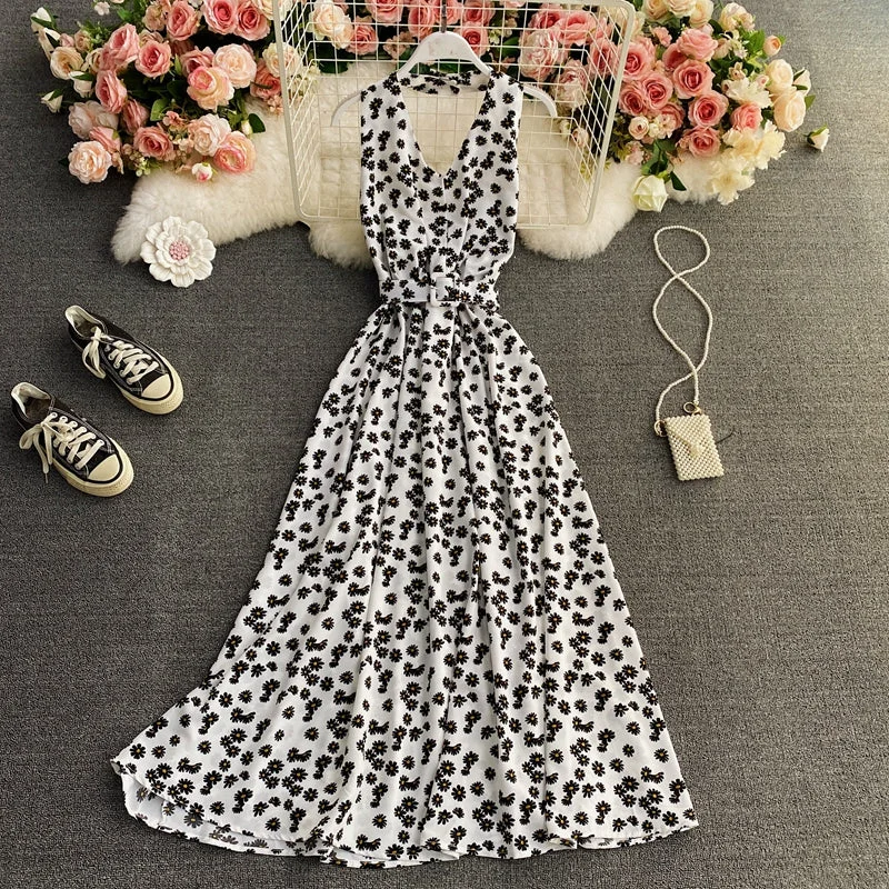 Women's Travel Outfit Set Floral skirt hanging neck V Chiffon Dress  3414